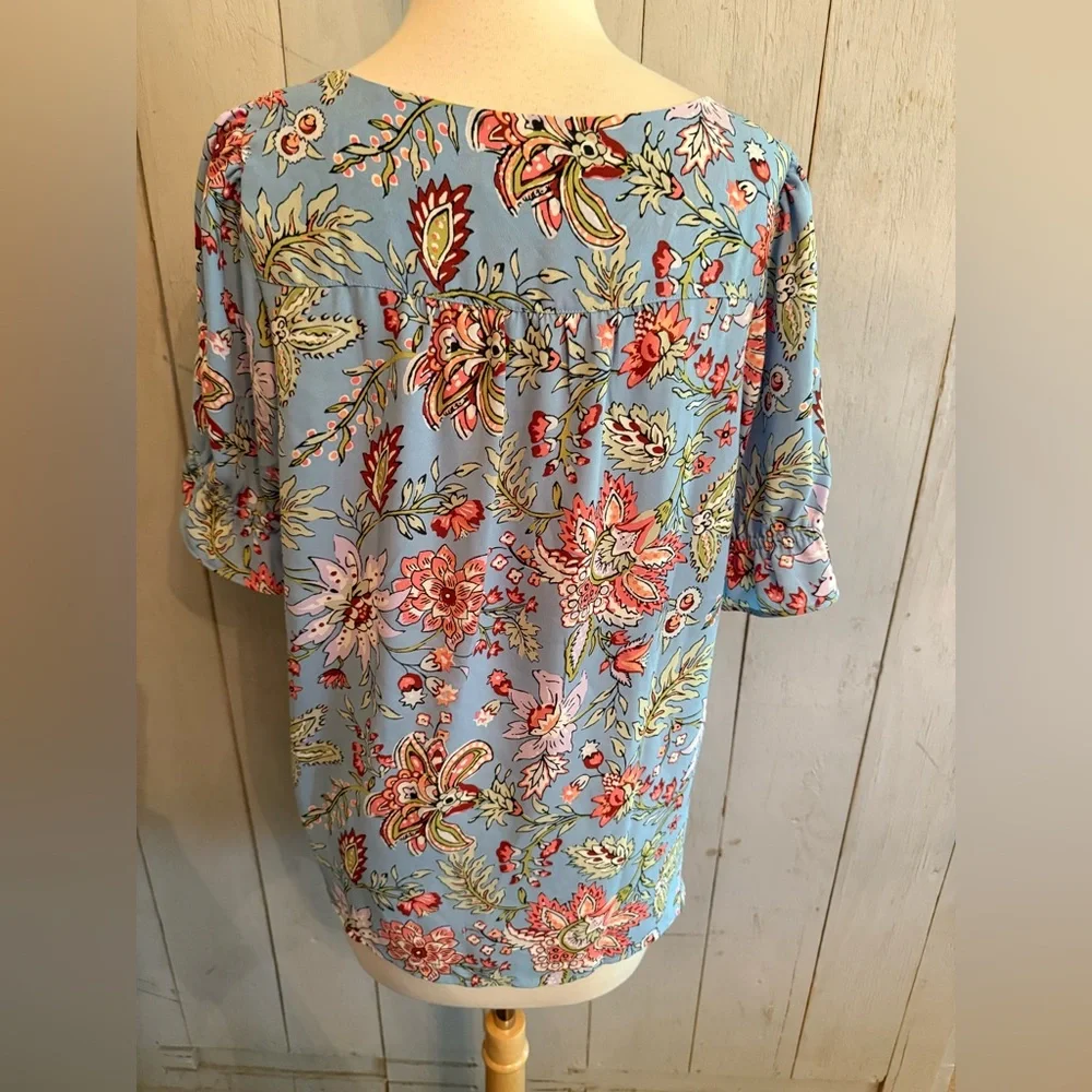 LOFT Women’s Blue Multi Garden V-Neck Puff Short Sleeve Top‎ Blouse Sz-Small